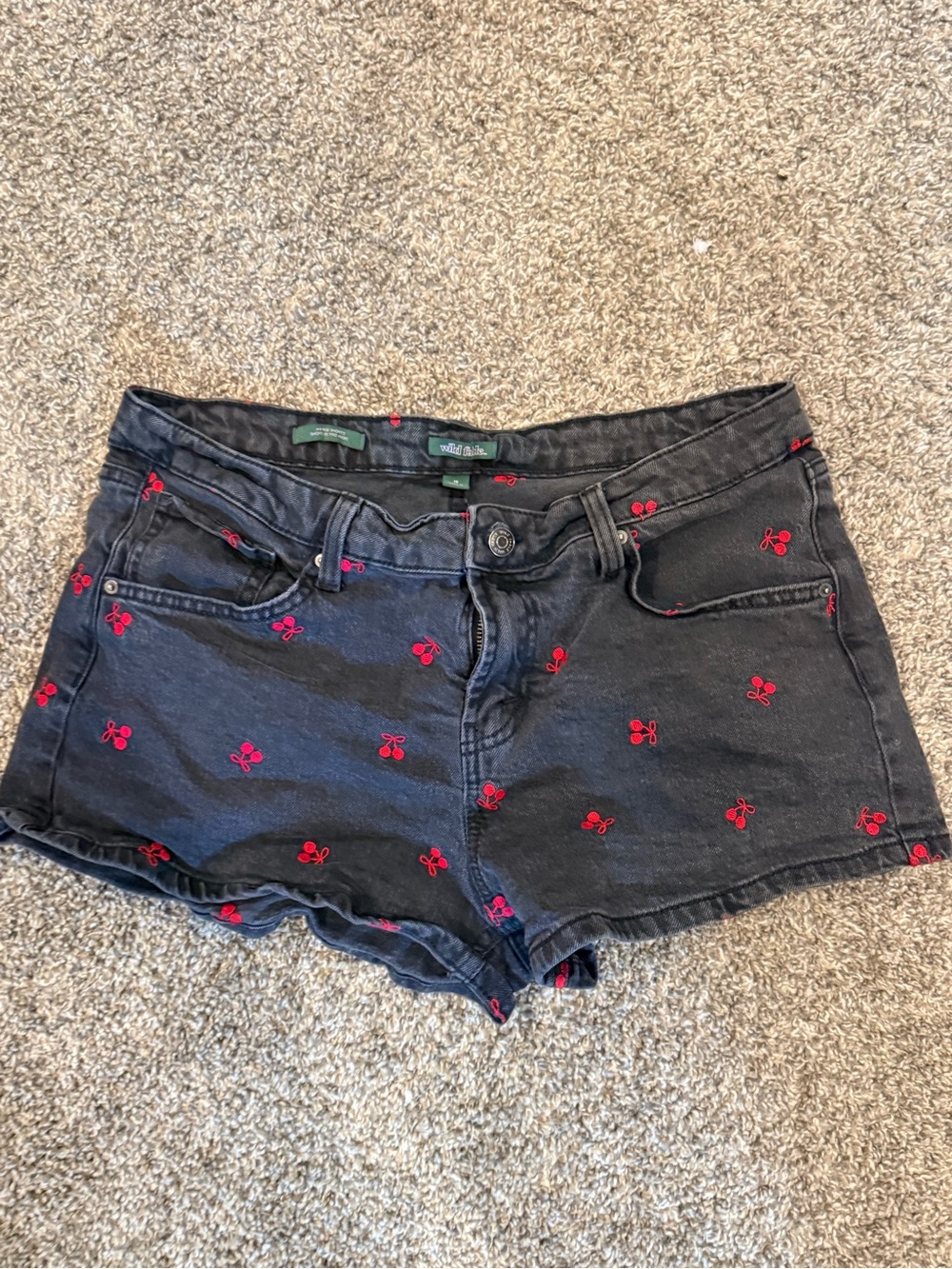 wild fable Black Denim Shorts with Red Cherry Embroidery